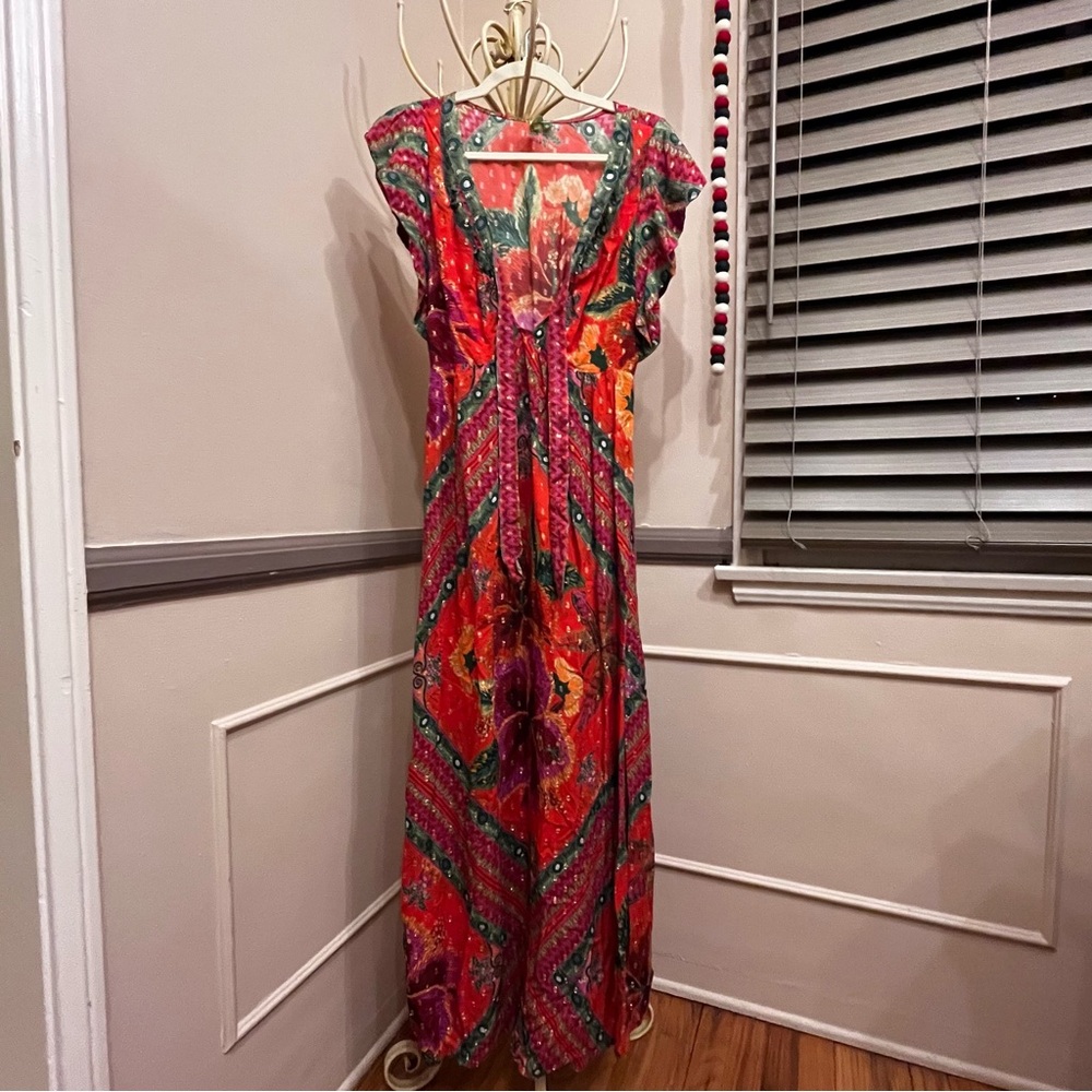 Farm Rio Banana Flowers gold metallic dot maxi dress, Size Medium
